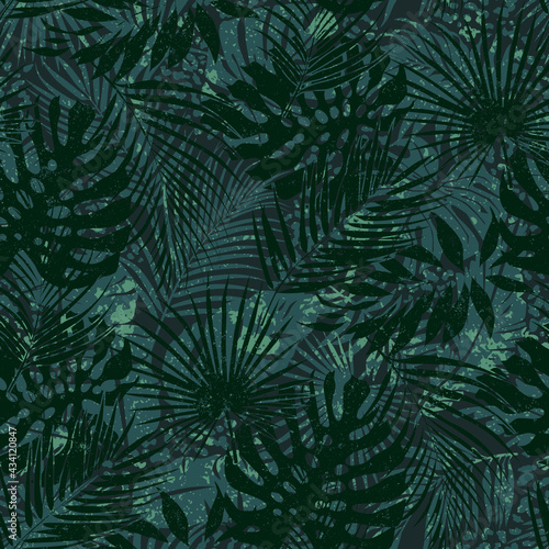 Tropical leaves grunge wallpaper abstract vector seamless pattern 