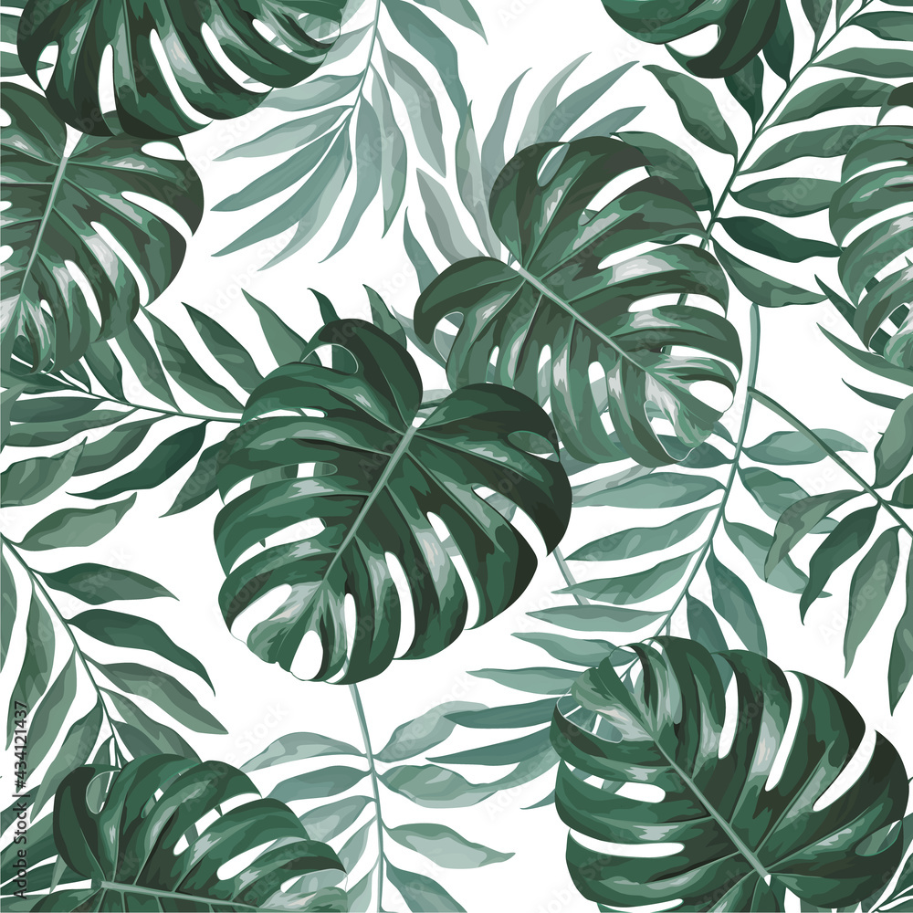 Vector watercolor style decorative seamless pattern with green monstera and palm leaves isolated on white background
