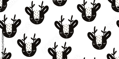 seamless pattern with forest animals, vector cute baby illustration with animal muzzles, scandinavian style