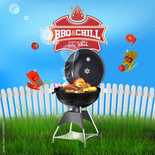 Sausage grilling on a portable barbecue with ketchup packet,onion, tomato, chili pepper, dill outdoors in a spring or summer meadow. Blue sky background. Vector design in realistic style