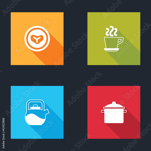Set Steak meat on a plate, Coffee cup, Kettle with handle and Cooking pot icon. Vector