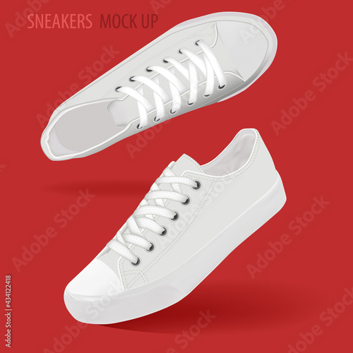 Womens White Sneakers Low Top, Tennis Shoes, Casual Walking Shoes. Mockup. Ready for print, web. Realistic vector illustration.Top,side view