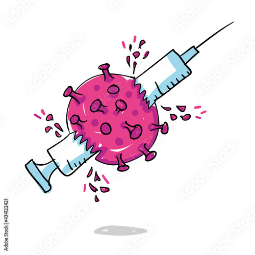 Syringe with Corona vaccine destroys virus Sars-cov-2. Destruction of the Coronavirus. Victory for the vaccination. Handdrawn cartoon.