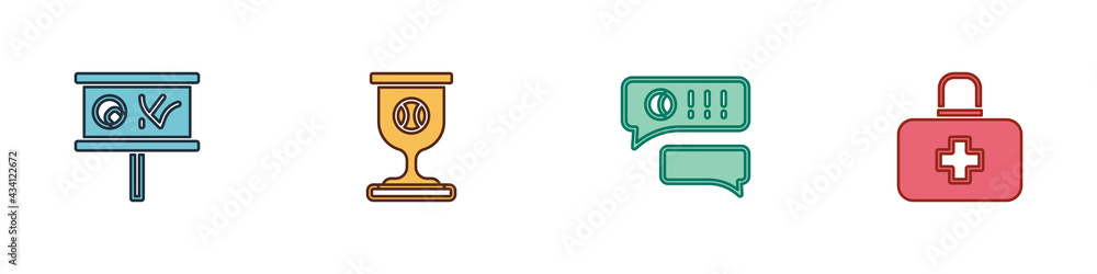 Set Planning strategy, Award cup with baseball ball, Speech bubble chat and First aid kit icon. Vector Set Planning strategy, Award cup with baseball ball, Speech bubble chat and First aid kit icon. Vector