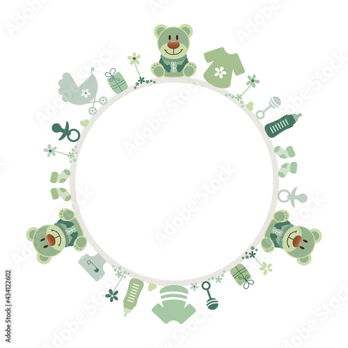Runder Rahmen Grüne Teddys Babysymbole Beige