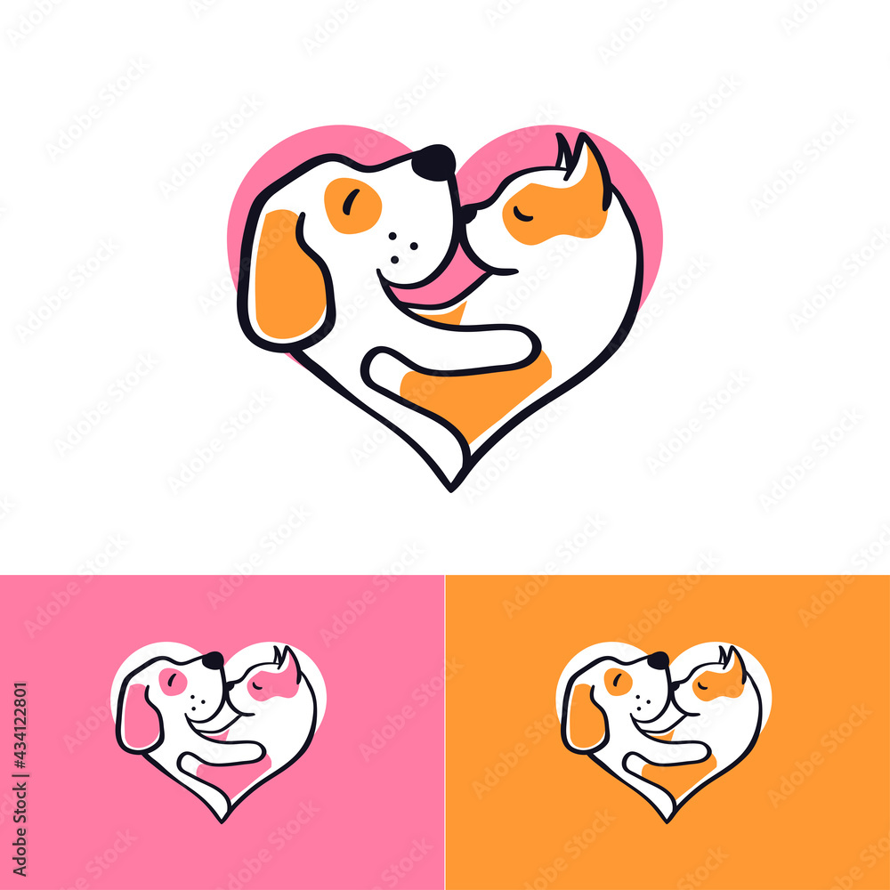 pet logo with dog and cat hugging in a heart shape. vector illustration pet logo with dog and cat hugging in a heart shape. vector illustration