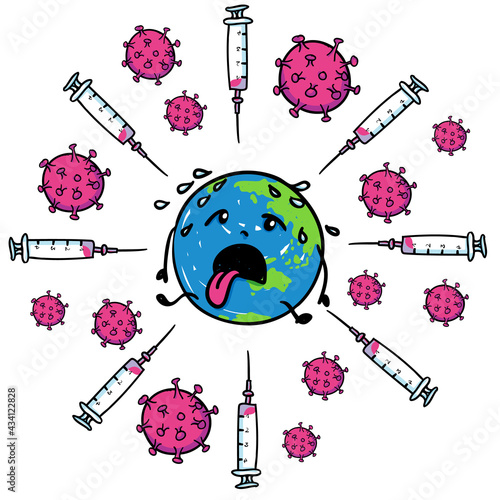 Mass immunisation for the fight against Coronavirus. Syringes circle round the exhausted earth. Hand-drawn Vector illustration