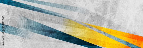 Blue, yellow and grey grunge stripes abstract banner design. Geometry tech background. Vector illustration