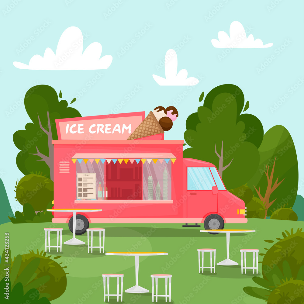 Vector illustration of an ice cream van in the park. Roof cone. For design, web, graphics. Cartoon style. Ice cream truck. Mobile store. flat style. tables and chairs for relaxing and eating in nature