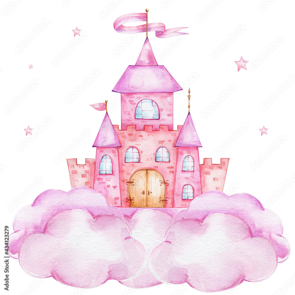 Pink castle on clouds; watercolor hand drawn illustration; with white