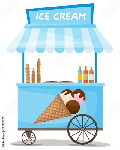 Fast food ice cream cart, vector cartoon set isolated on a white  background, street selling ice cream, comic girl street vendor ice cream  Stock Vector