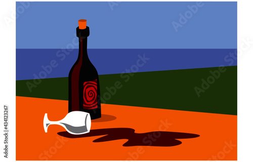 Bad mood. Bottle of wine, spilled wine on the table. Overturned glass. Vector image for illustrations.