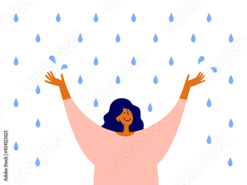 Happy woman with raised arms stands enjoying rain. Optimist female character. Cute girl catches water drops with hands. Love to life, positive mindset, emotion. Rainy day enjoyment vector illustration