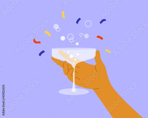 Human hand holding champagne saucer with bubbles. Congratulation, celebration birthday, anniversary, victory or holiday event. Man raises glass of drink, festive confetti. Party vector illustration