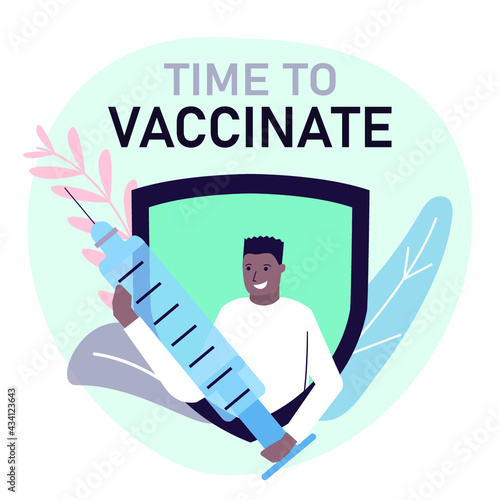African American man hold syringe with dose of antiviral drug. Black male in front of shield with hypodermic. The idea of immunization. Vaccination of patients against coronavirus. Vector illustration