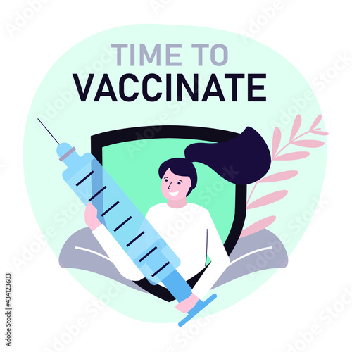 Girl holds syringe with dose of antiviral drug. Woman in front of protective shield with hypodermic. Vaccination of patients against coronavirus.The idea of immunization. Flat vector illustration
