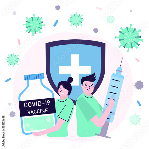 Team of doctors holding tube and syringe with injection from coronavirus. Medical workers vaccinating people. People with of antiviral drug against covid-19. Time to vaccinate. Vector illustration