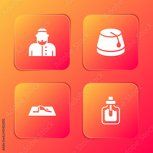 Set Muslim man, Turkish hat, prays and Perfume icon. Vector