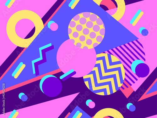 Geometric seamless pattern in the style of memphis from the 80s. Circles with zigzags and geometric shapes. Background for wrapping paper, advertising materials and fabrics. Vector illustration