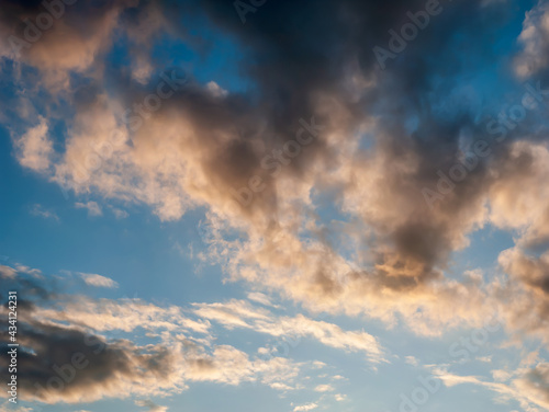 Layered Clouds in Evening Light of Sunset on Blue Sky Background - Overcast Western Sky in Spring Dusk Time - Belarus Minsk