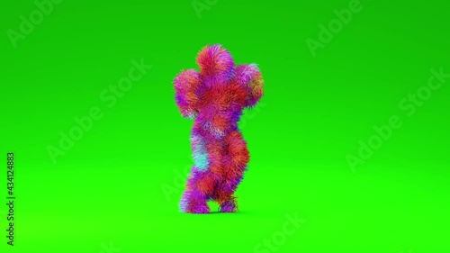 Colorful furry 3D man dancing happily. Seamless loop fluffy mascot dance on green screen. 3D rendering.