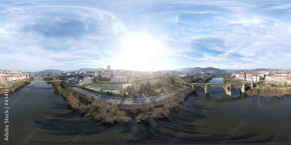 360º drone photo of the city of Ourense from the Miño river