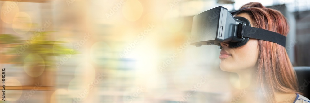 Gold sparkling transition over a woman using vr headset, virtual reality concept Gold sparkling transition over a woman using vr headset, virtual reality concept