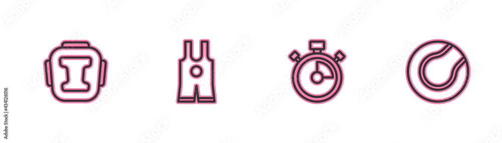 Set line Boxing helmet, Stopwatch, Wrestling singlet and Tennis ball icon. Vector Set line Boxing helmet, Stopwatch, Wrestling singlet and Tennis ball icon. Vector