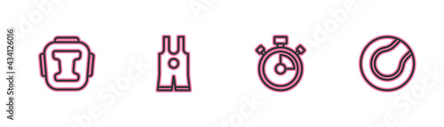 Set line Boxing helmet, Stopwatch, Wrestling singlet and Tennis ball icon. Vector