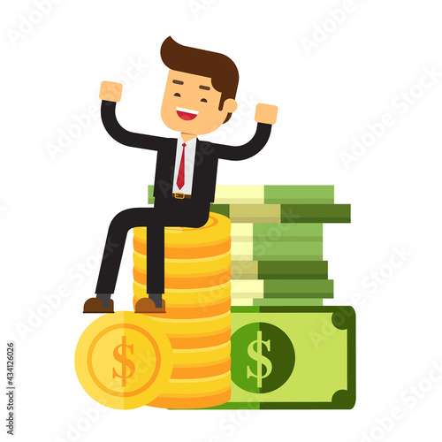 businessman sits on top of big bitcoins stack