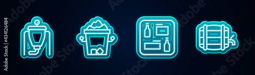 Set line Beer brewing process, Ice bucket, menu and Wooden barrel on rack. Glowing neon icon. Vector