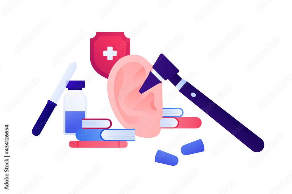 Otolaryngology consultation and deaf study concept. Vector flat medical illustration. Ear, otoscope, lab equipment, books and red shield with cross symbol. Design for health care, pharmacology. Otolaryngology consultation and deaf study concept. Vector flat medical illustration. Ear, otoscope, lab equipment, books and red shield with cross symbol. Design for health care, pharmacology.