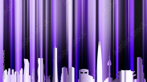 Seoul. Background with the outline of the city. Vertical shimmery stripes. Abstraction with a mirror effect.