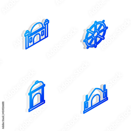 Set Isometric line Dharma wheel, Muslim Mosque, and Hindu spiritual temple icon. Vector