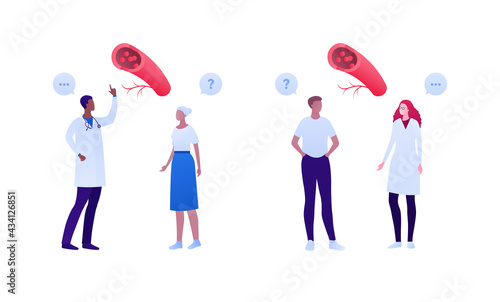 Doctor and patient checkup appointment concept. Vector flat medical people illustration. Male and female adult and old character. Blood disease vessel symbol. Design for health care.