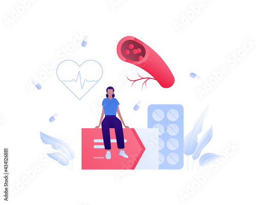 Circulatory system disease concept. Vector flat medical people illustration. Female character sitting on box of pill. Blood vessel, heartbeat, and medicine symbol. Design for health care, pharmacy.