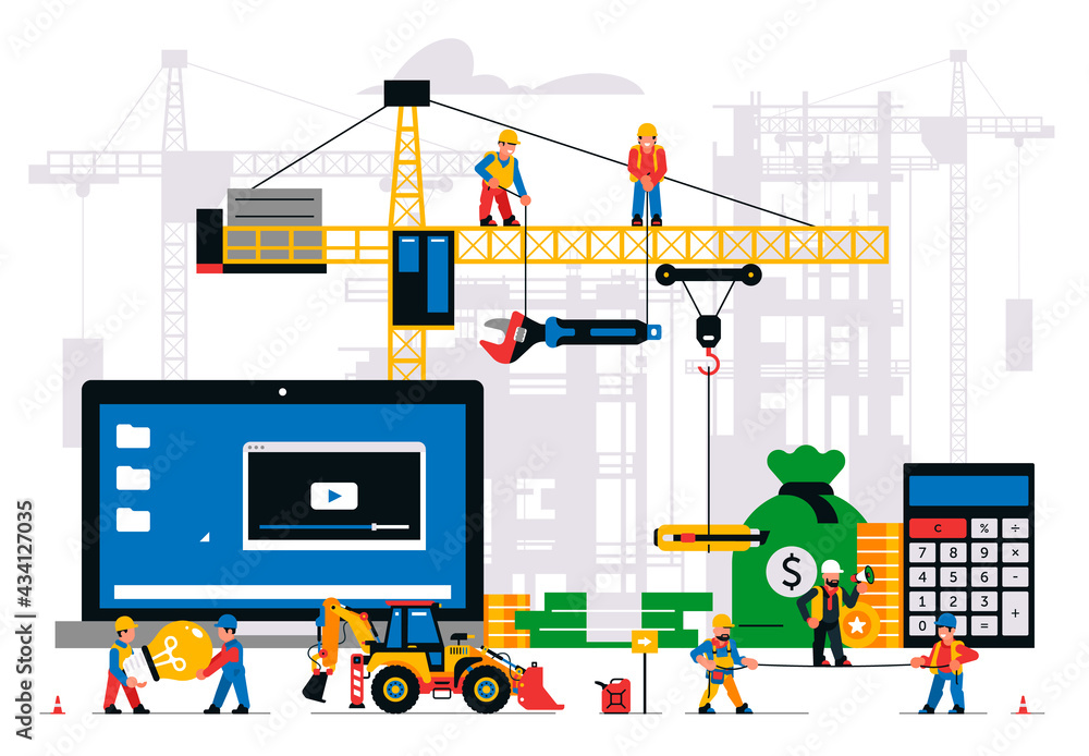 The website is under construction. Error page, maintenance. Construction site, machinery, crane, workers, computer, website, coins, money bag calculator lamp tools Isolated vector illustration