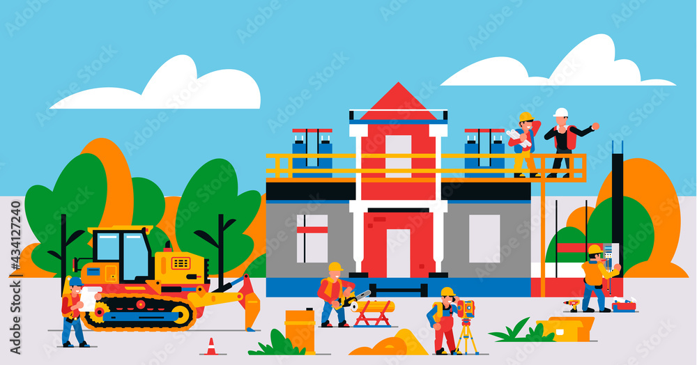 The house is under construction. Construction site with heavy machinery and workers. Builders, transport, building site, unfinished house, tools, people, sand, bulldozer. Vector illustration.