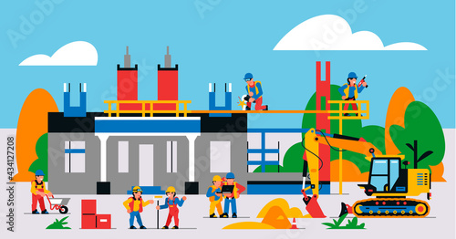 The house is under construction. Construction site with heavy machinery and workers. Builders, transport, building site, unfinished house, tools, people, sand, excavator. Vector illustration.