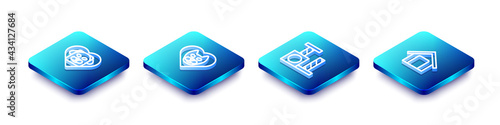 Set Isometric line Heart with dog, cat, Cat scratching post and Dog house icon. Vector
