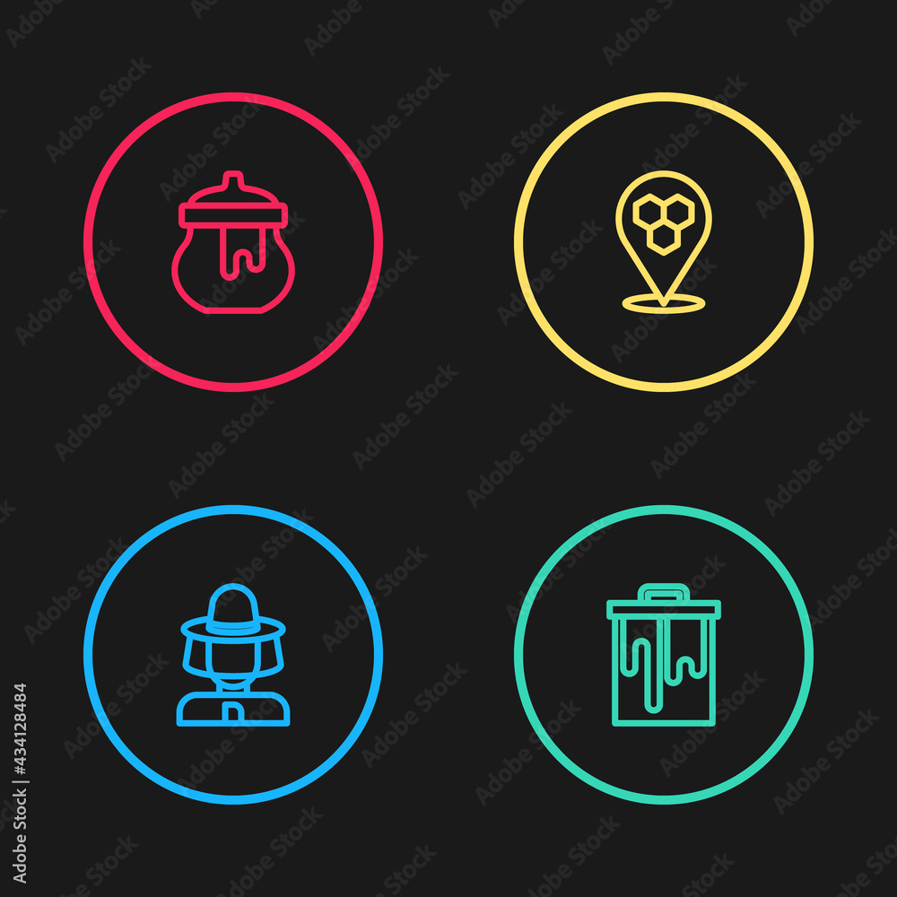 Set line Beekeeper with protect hat, Honeycomb, bee location and Jar of honey icon. Vector Set line Beekeeper with protect hat, Honeycomb, bee location and Jar of honey icon. Vector
