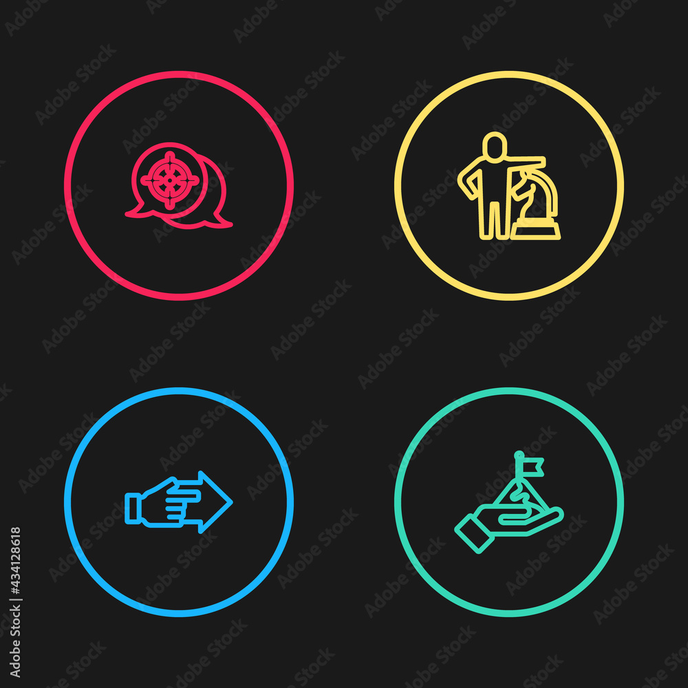 Set line Hand with pointing finger, Mountains flag, Chess and Target icon. Vector Set line Hand with pointing finger, Mountains flag, Chess and Target icon. Vector