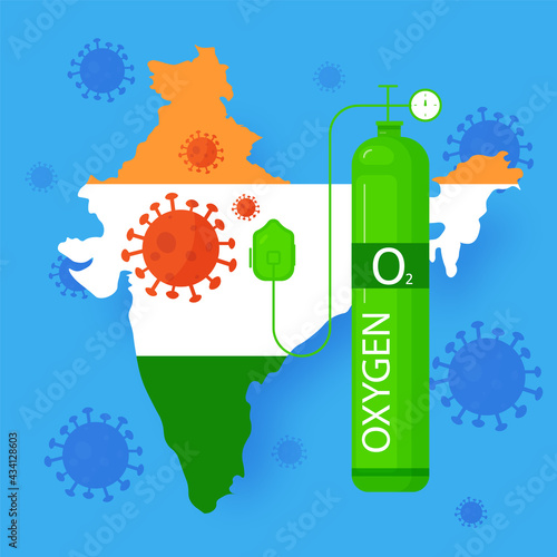 Oxygen tank with mask for treating coronavirus in India and saving people from covid19 infection. Banner with medical equipment for hospitals and clinics.