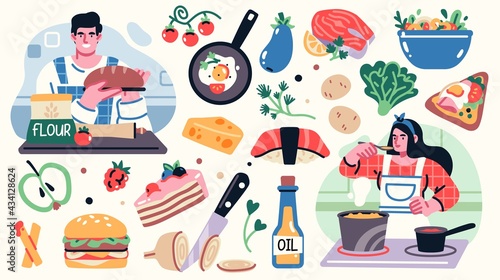 Set of illustrations related to cooking with yong man and woman on the kitchen, kitchenware, and decoration elements. Vector illustration