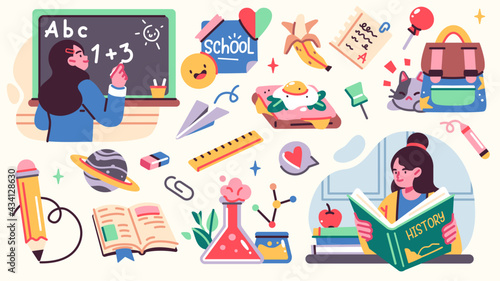 Collection of School illistrations with Cute happy children, school supplies and different decoration elements. Vector set