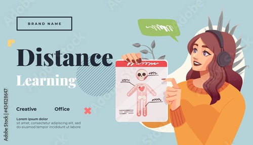 Landing page template for online courses, distance education, Internet studying, training. Yong female teacher having a lesson. Vector illustration