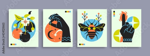 Abstract poster collection with hands, animals and abstract elements and shapes. Set of contemporary print templates. Vector illustration