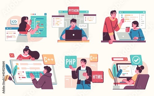 Programming Illustration Set. Different characters working on web and application development on computers. Software developers. Flat vector style illustrations.