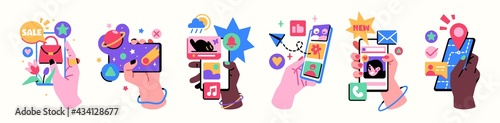 Hands holding smartphones with various applications, web sites and social networks. Communication, social networking concept. Vector Illustration