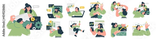 Stock market, finance, capital investment concept Illustration set. Scenes with people trading on the stock exchange. Vector illustration.